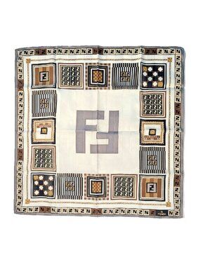 Fendi Vintage Cotton Scarf FF Logo Chain Border Neutral 22.5”